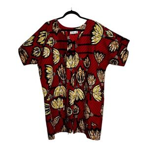 Lapogee 1X Red Yellow Floral Print V-Neck Short Sleeve Tunic Top Made in India
